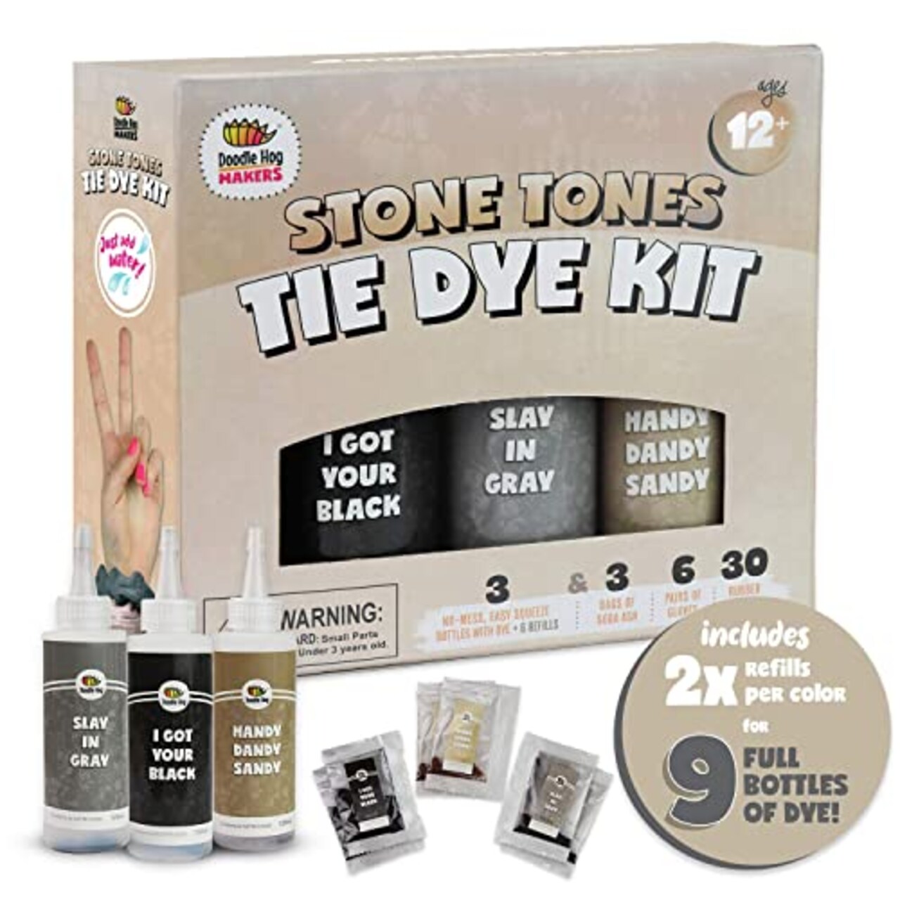 3 Pack Tie Dye Kit Including Tan & Charcoal Grey Dye - 3 Pack Black Tie Dye Kit with 6 Refills Soda Ash Included Gray Tie Dye Party Supplies - DIY a Trendy Monochromatic Look (Gray Fabric Dye)